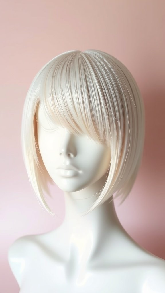A mannequin displaying a snowy white-angled bob hairstyle.
