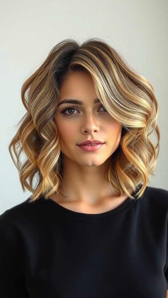 A woman with a soft curly bob hairstyle featuring blended highlights, wearing a black top.