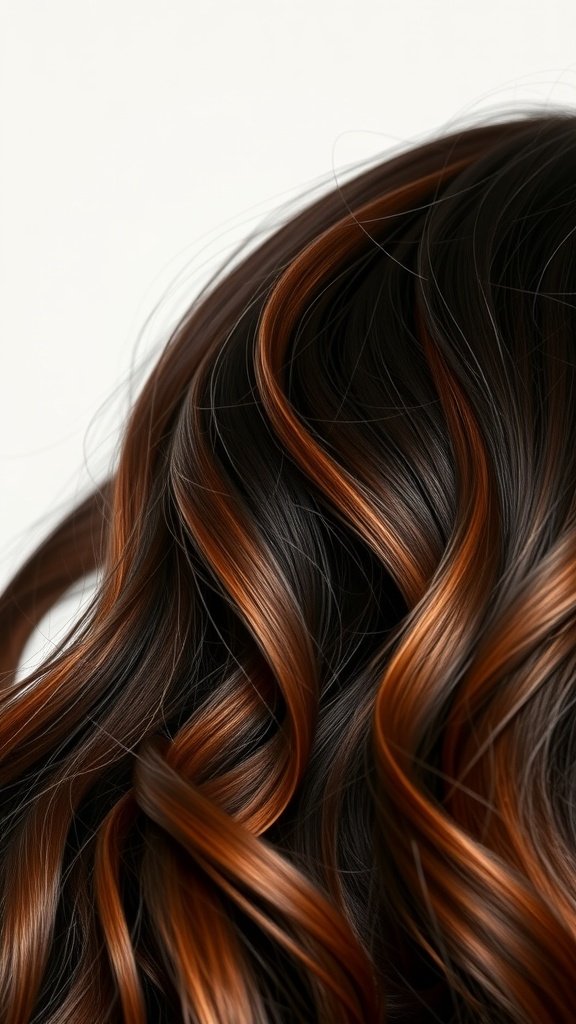 Hair styled in spicy dark chocolate brown with cinnamon highlights, showcasing waves and shine.