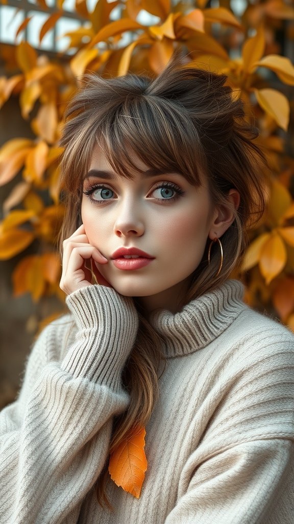 A model with spiky curtain bangs, wearing a cozy sweater, surrounded by autumn leaves.