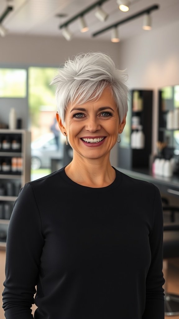 A woman with a spiky pixie hairstyle in platinum blonde color, smiling in a salon.