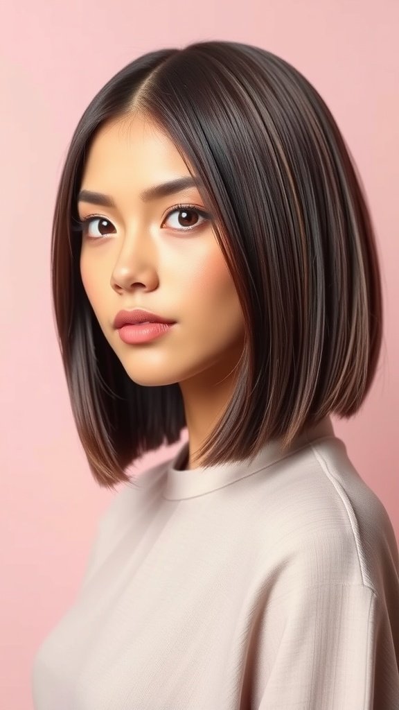 A woman with a straight bob hairstyle featuring rounded ends, showcasing a polished and feminine look.