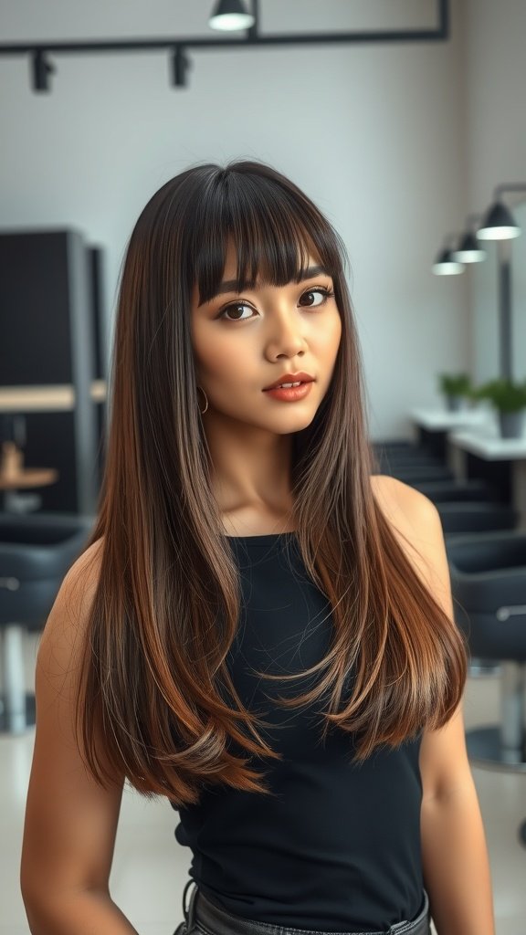 A woman with long straight hair and wispy bangs, showcasing a soft and elegant hairstyle.