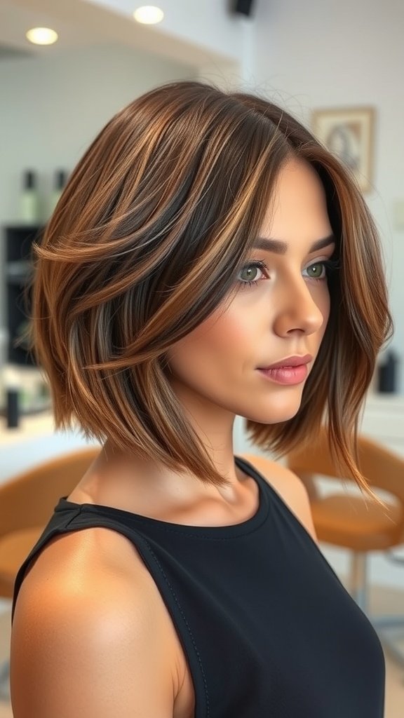 A woman with a layered bob haircut featuring sweeping layers and warm hair tones, looking stylish and modern.