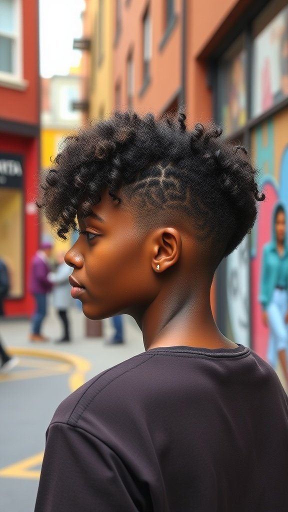 A person with a tapered afro hairstyle featuring mini curls, standing in a colorful urban setting.