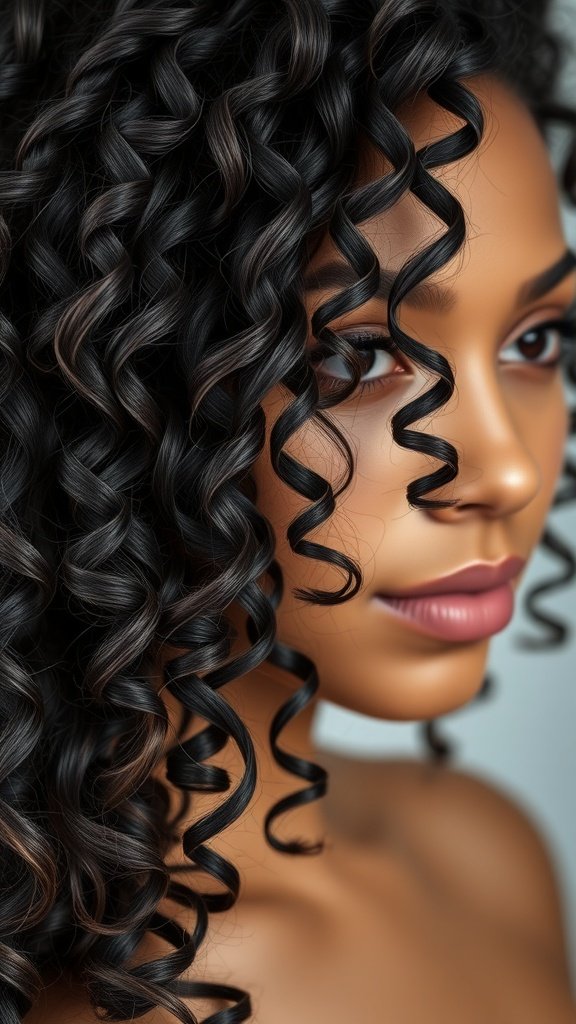 A close-up of a person with thick, glossy ringlets, showcasing defined curls and a radiant shine.
