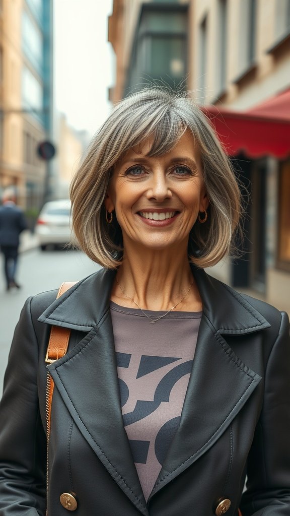 A woman with a tousled bob hairstyle and bangs, smiling confidently in a city setting.