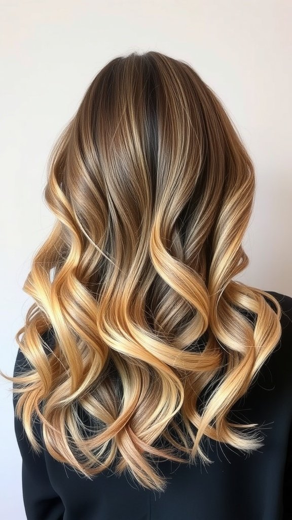 A beautiful hairstyle featuring a walnut brown to sandy blonde ombre fade with soft waves.