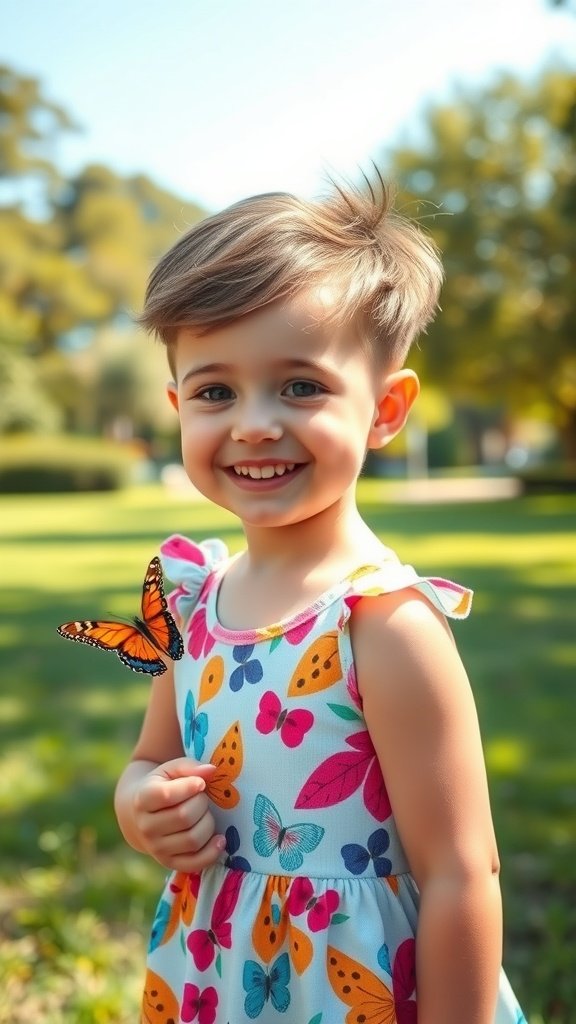 A young girl with a wavy pixie hairstyle and an undercut, smiling while holding a butterfly.