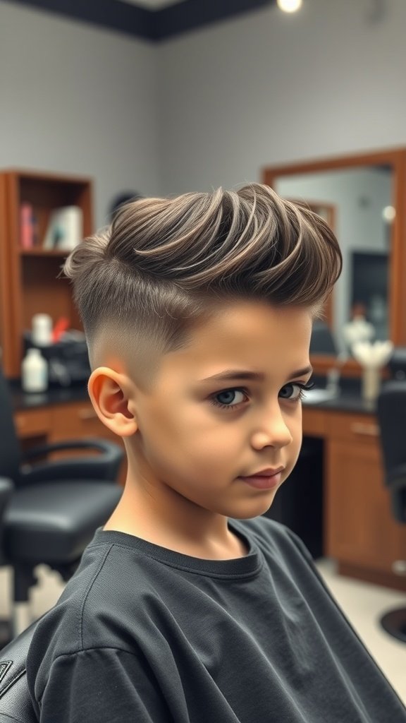 A boy with a wavy top haircut and temple fade, showcasing a stylish and modern look.