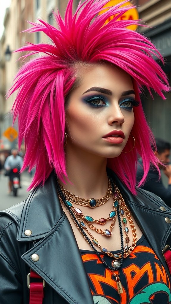 A model with a wild berry pink mullet hairstyle, wearing layered necklaces and a leather jacket, showcasing a bold and edgy look.