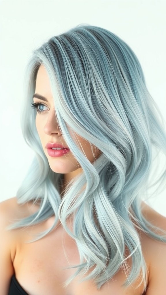 A woman with airy sky blue hair and steely silver tips, showcasing a modern hairstyle.