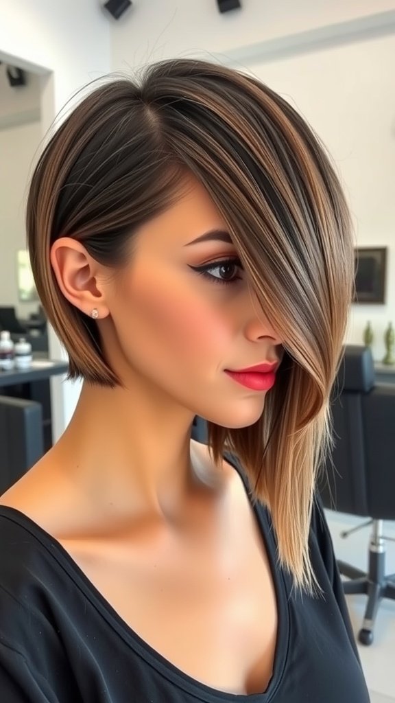 A woman with an angled bob hairstyle featuring a sharp side part, showcasing a stylish and confident look.