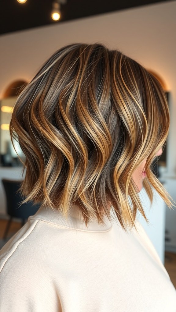 A stylish angled bob with textured waves, showcasing rich colors and a bouncy appearance.