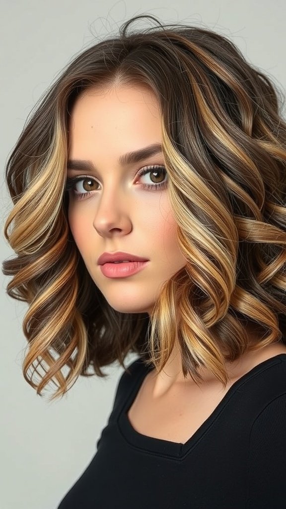 A woman with an angled curly bob hairstyle featuring subtle highlights.