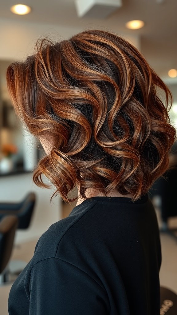 A woman with shoulder-length, voluminous curls styled in an angled cut, showcasing rich, warm tones.