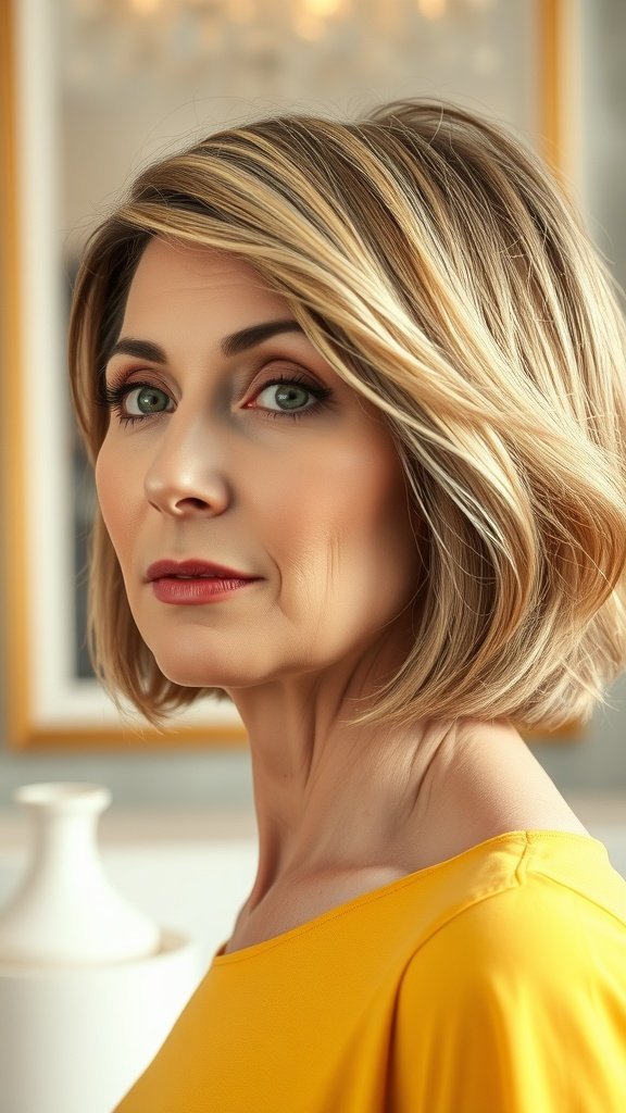 A woman over 50 with an angled undercut bob hairstyle, showcasing soft waves and subtle highlights.