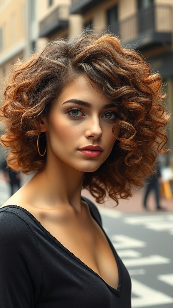 A woman with an asymmetric curly lob hairstyle, showcasing defined curls and a modern look.