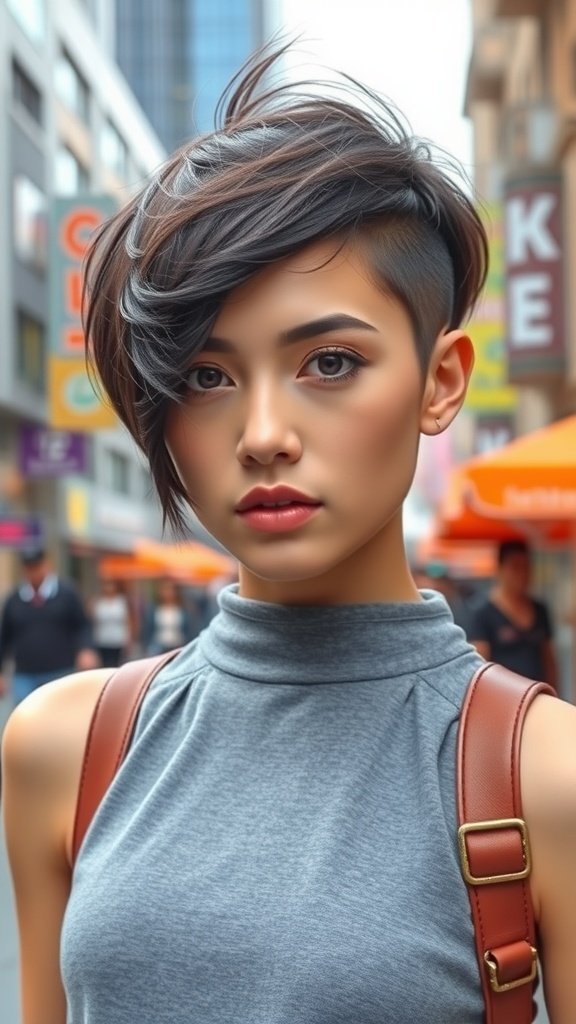 A stylish young woman with an asymmetrical bixie haircut and side bangs, wearing a gray top and a brown strap bag, standing in an urban setting.