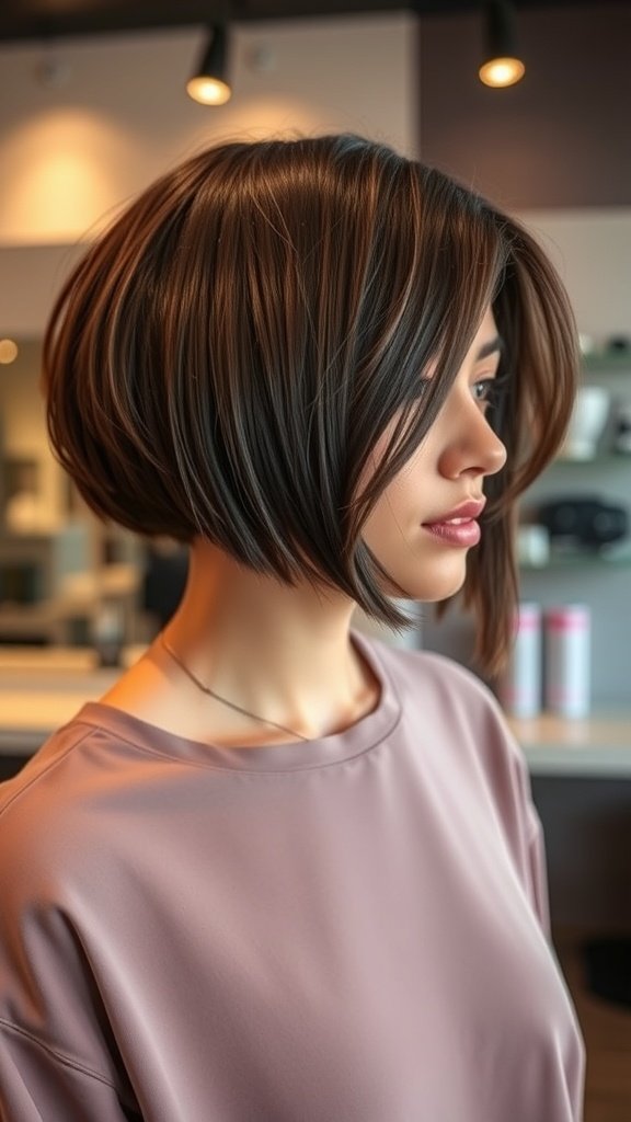 A woman with an asymmetrical box bob hairstyle featuring side-swept bangs, showcasing a modern and stylish haircut.