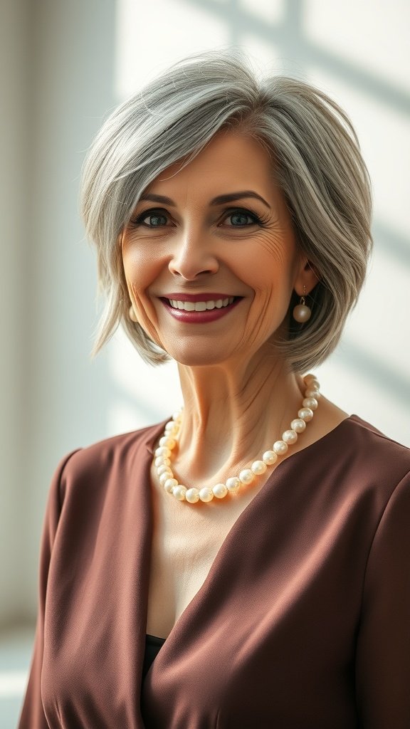 A woman with an asymmetrical haircut and long side bangs, wearing a brown top and pearl necklace, smiling confidently.