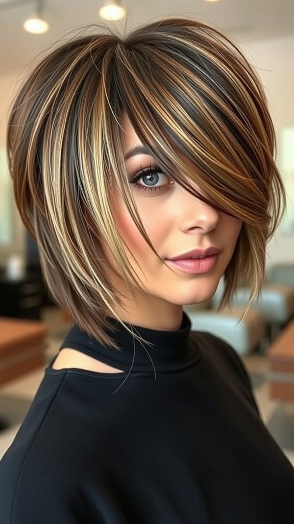 A woman with an asymmetrical lob hairstyle featuring side bangs, showcasing highlights and a voluminous look.