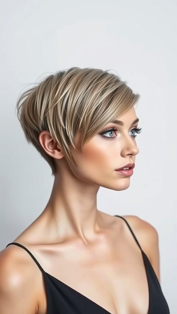 A model showcasing an asymmetrical straight pixie cut, featuring short hair on one side and longer on the other, with a light blonde color.