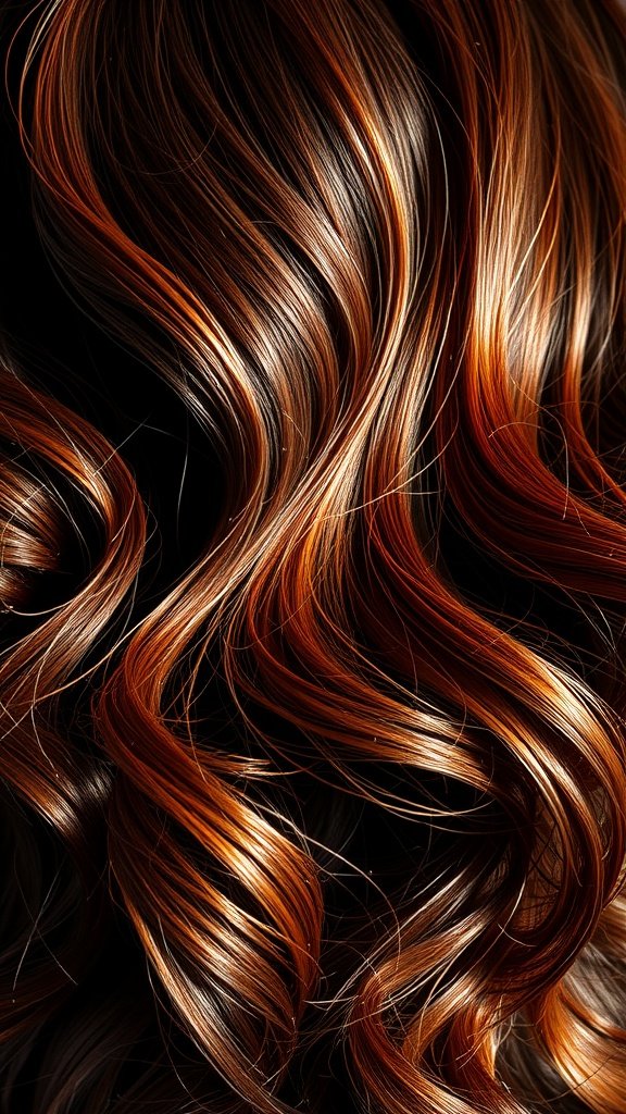 Dark chocolate hair with auburn highlights, showcasing beautiful waves and shine.