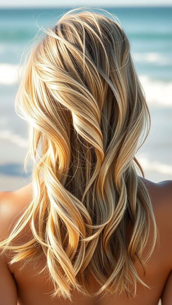 A woman with beachy blonde hair featuring sandy lowlights, styled in loose waves, standing by the ocean.
