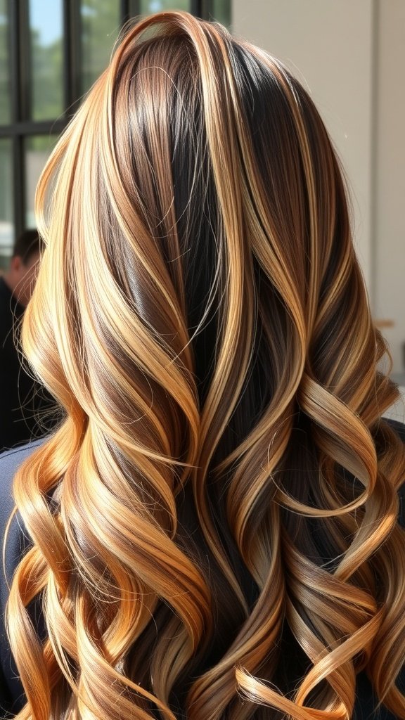 A hairstyle featuring caramel ribbons on a chestnut brown base, showcasing beautiful curls and highlights.