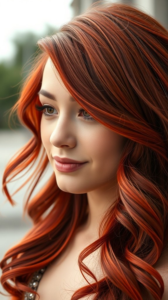 A young woman with Cherry Spice Locks, showcasing vibrant auburn hair styled in soft waves.
