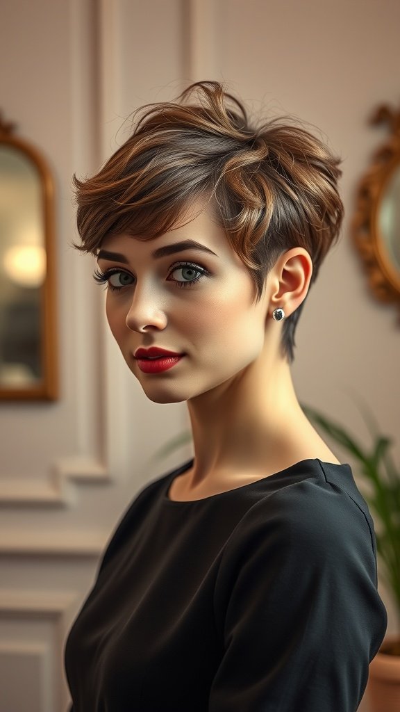 A woman with a classic Audrey Hepburn-inspired pixie haircut, showcasing short, textured layers and soft waves.