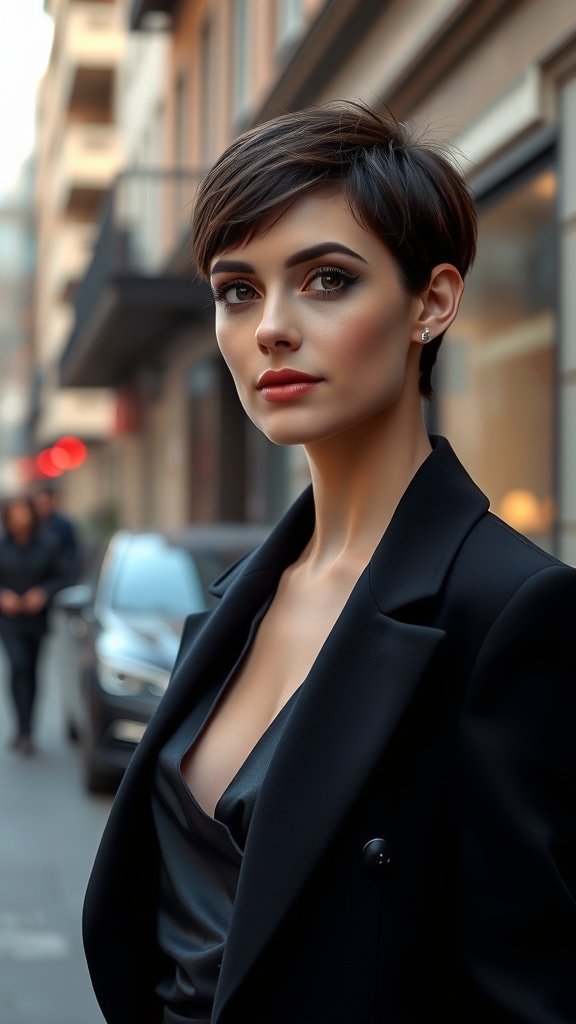 A woman with a classic Audrey Hepburn-inspired pixie haircut, wearing a stylish black outfit, standing in an urban setting.