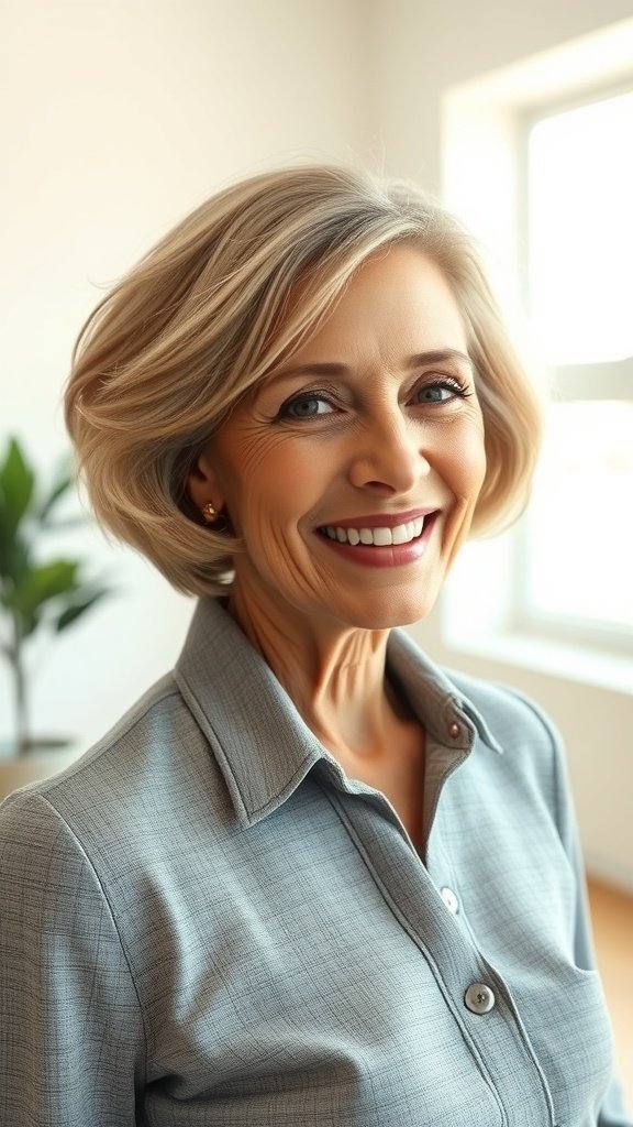 A woman over 70 with a classic bob hairstyle featuring subtle waves, smiling in a bright room.