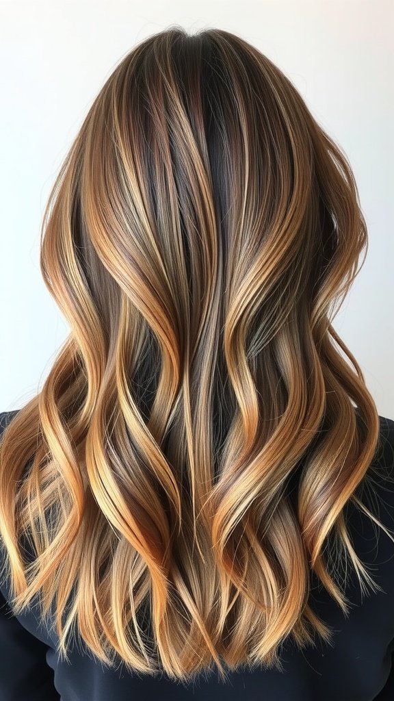 Classic layered haircut with caramel streaks, showcasing soft waves and warm tones.