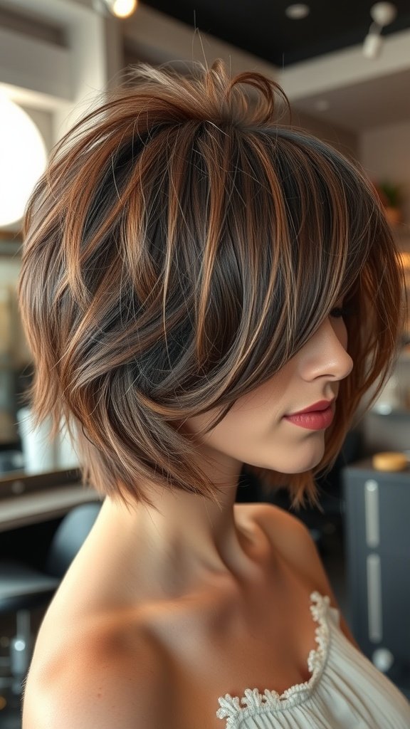 A woman with a classic shag haircut featuring a voluminous crown, showcasing layers and soft waves.