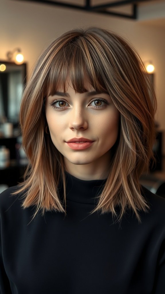 A woman with a shoulder-length haircut and light wispy bangs, looking confidently at the camera.