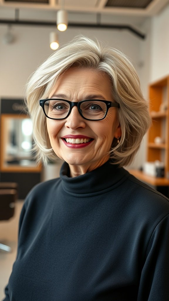 A woman over 70 with a classic shoulder-length hairstyle and glasses, smiling in a salon setting.