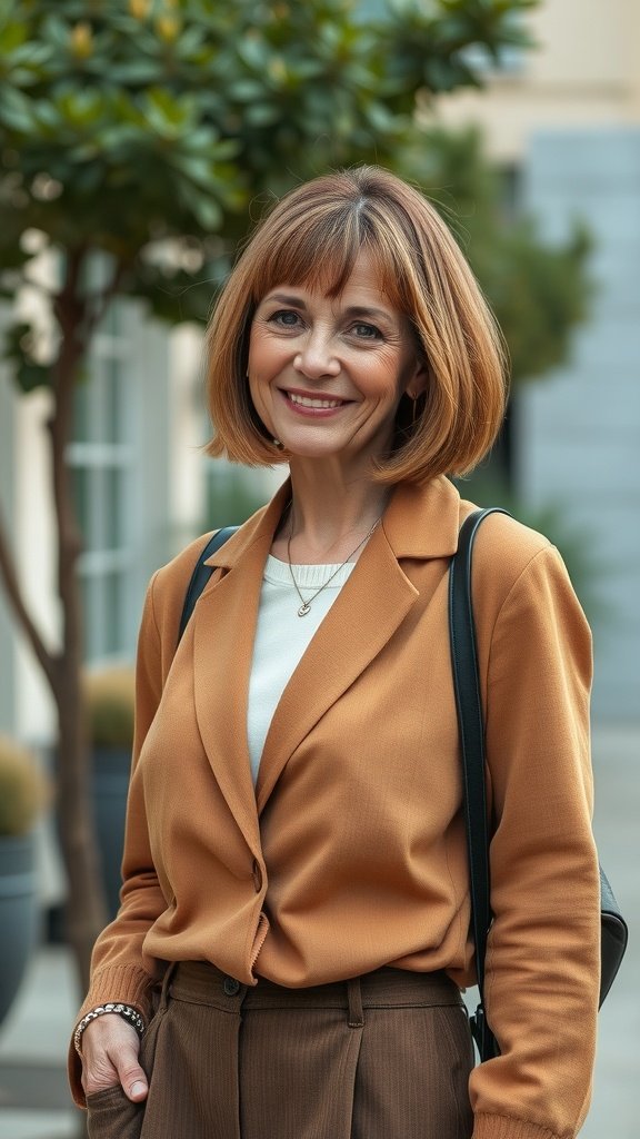 A woman with shoulder-length straight hair, wearing a stylish blazer and smiling.