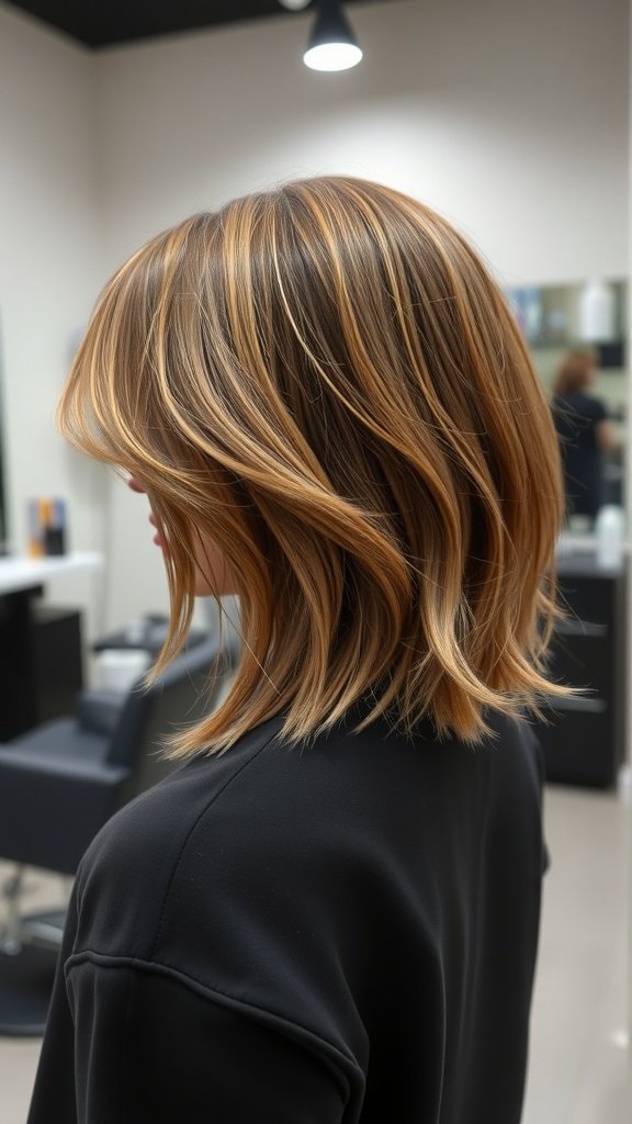 A woman with collarbone grazing cut and soft layers, showcasing warm hair tones.