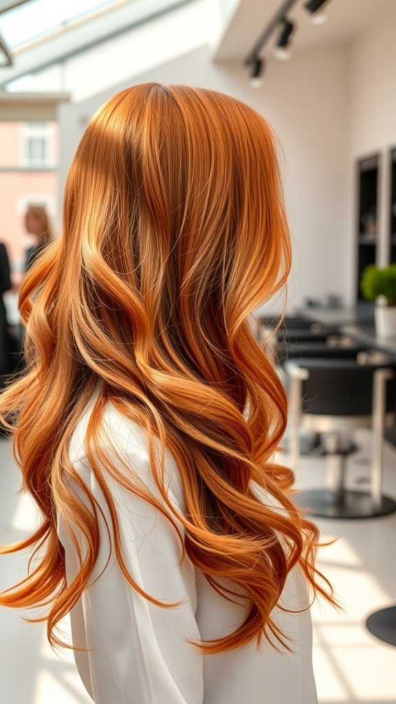 A woman with long, wavy copper-red hair styled elegantly in a bright salon.