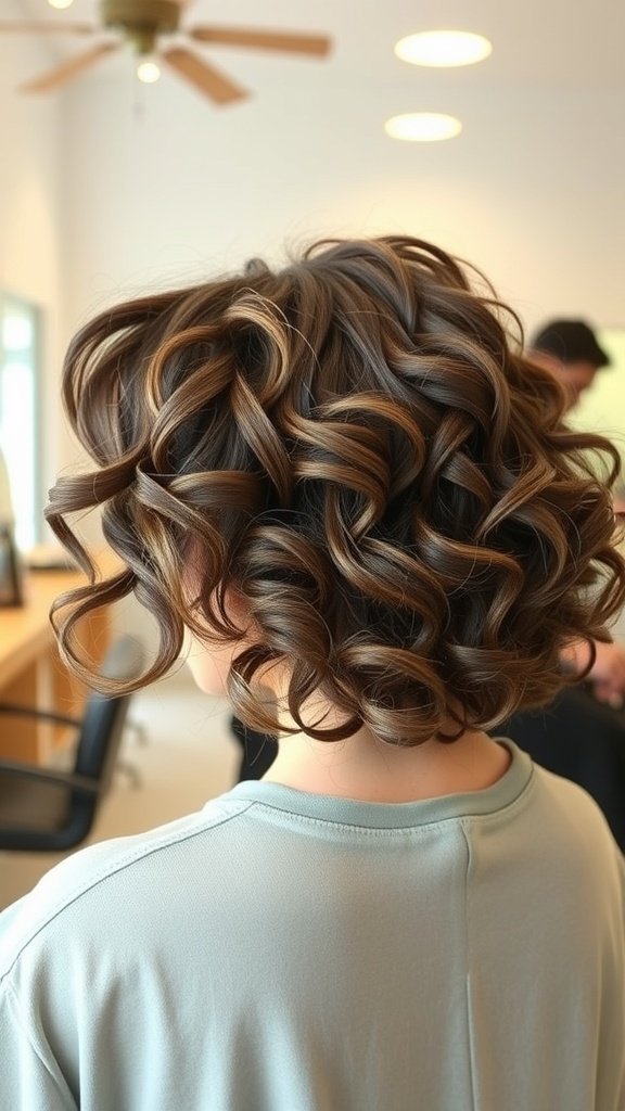 A woman with a curly layered bob hairstyle, showcasing volume and bounce.