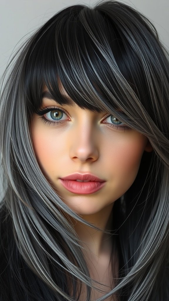 A woman with dark hair featuring slate gray highlights, showcasing a stylish and modern look.