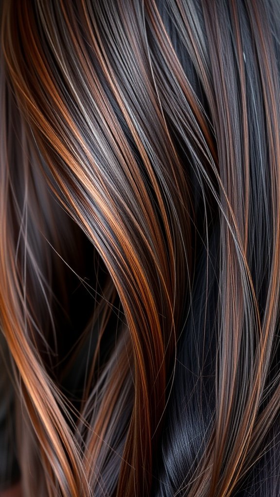 Deep chocolate brown hair with auburn streaks in a balayage style