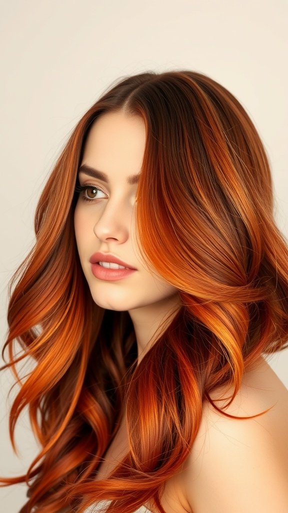 A woman with dramatic fiery copper ombre hair, showcasing a blend of deep copper and vibrant orange.