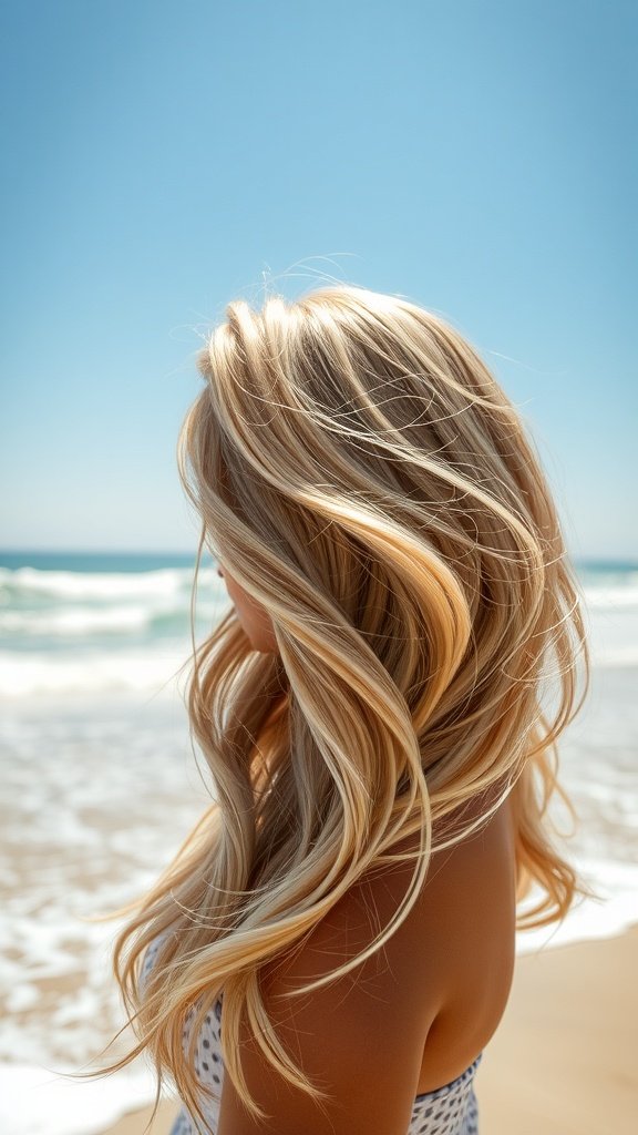 A woman with long, wavy beach blonde hair standing by the ocean
