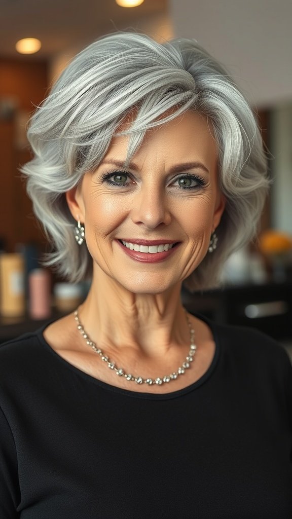 A woman over 70 with a stylish silver short curly bob hairstyle, smiling confidently.