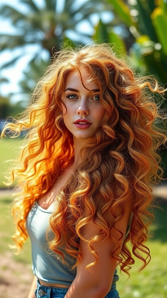 A woman with fiery strawberry blonde curls standing outdoors