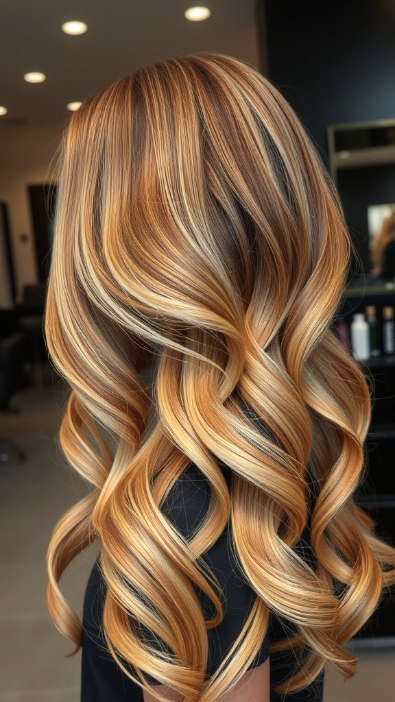 A woman with glamorous golden layers and dark roots, styled in soft curls.