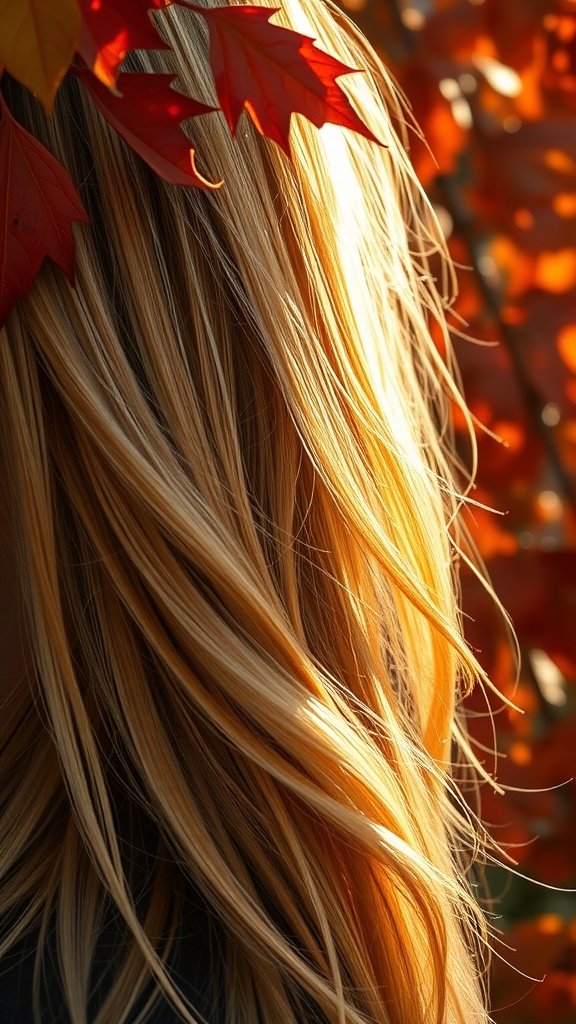 A close-up of long, wavy hair with golden balayage highlights, adorned with red autumn leaves in the background.